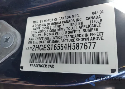 2004 Honda Civic Lx z USA, uszkodzony, nr VIN 2HGES16554H587677